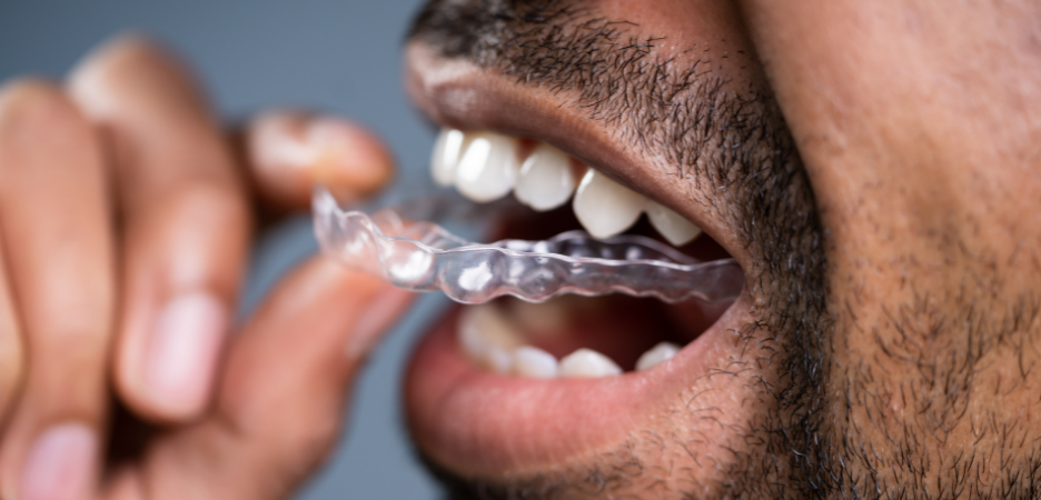 close up of a bearded man's mouth whilst he is putting a clear aligner over his teeth